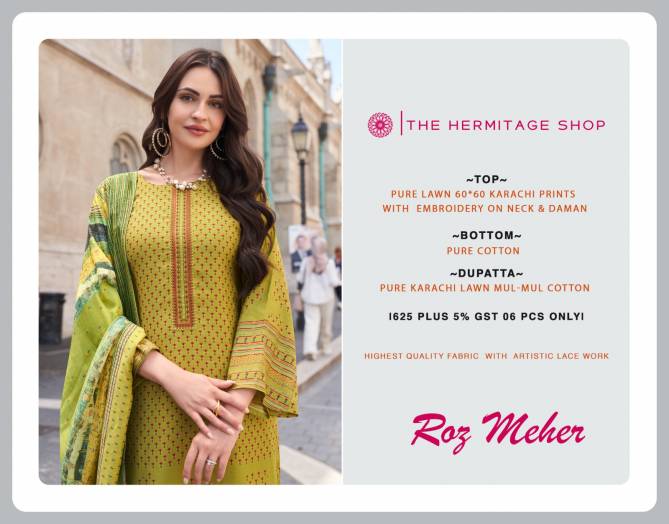 Roz Meher By The Hermitage lawn Karachi Cotton Dress Material Wholesale Shop In Surat